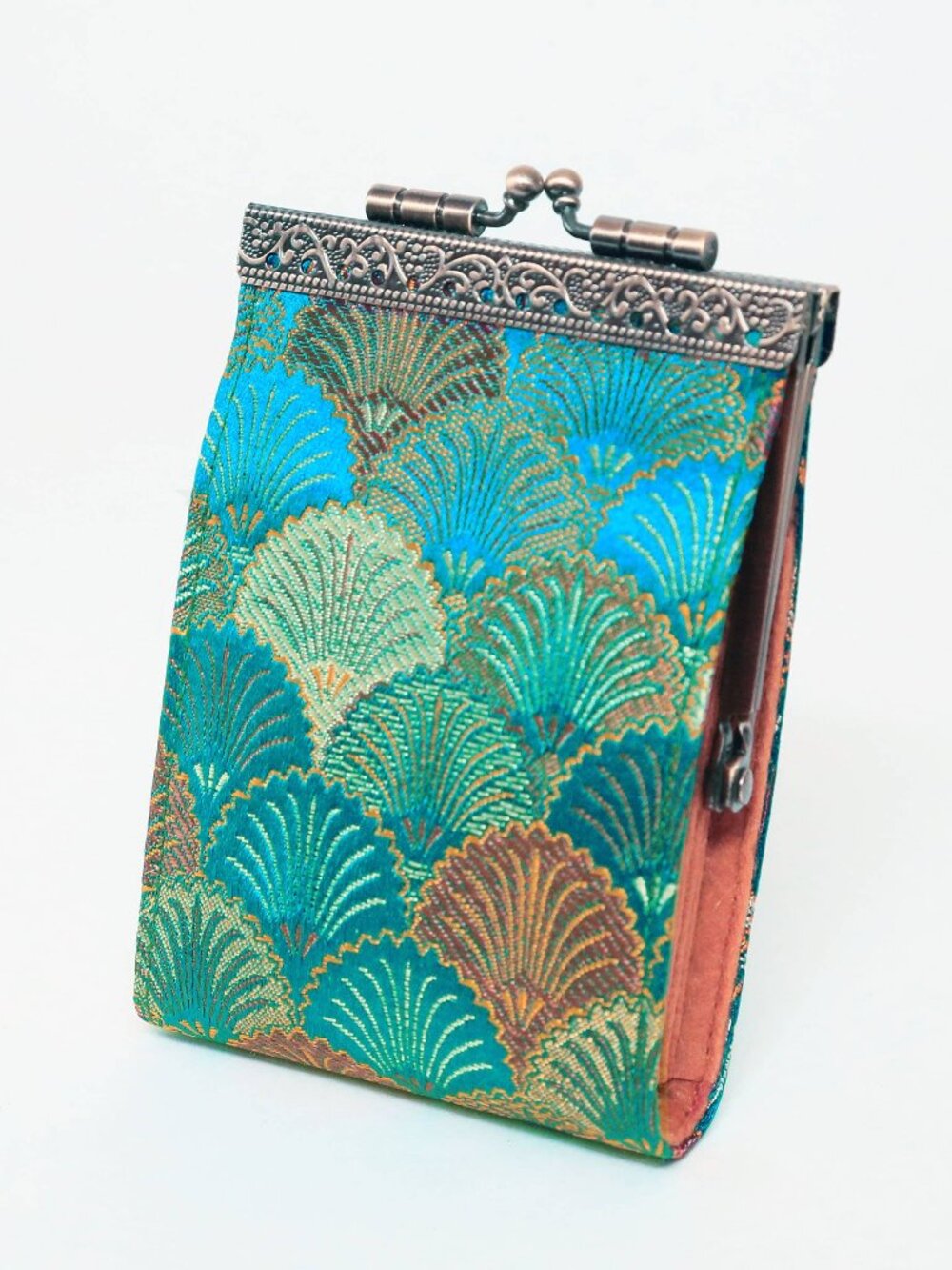 Seashell Brocade Card Holder with RFID | Teal & Copper